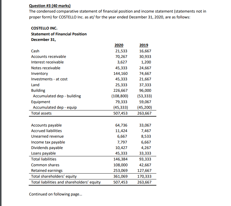 Please do it in excel, thank you. Question #3 (40 marks) The