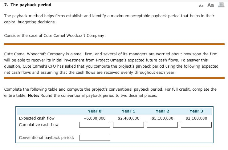  7. The payback period Aa Aa E The payback method helps