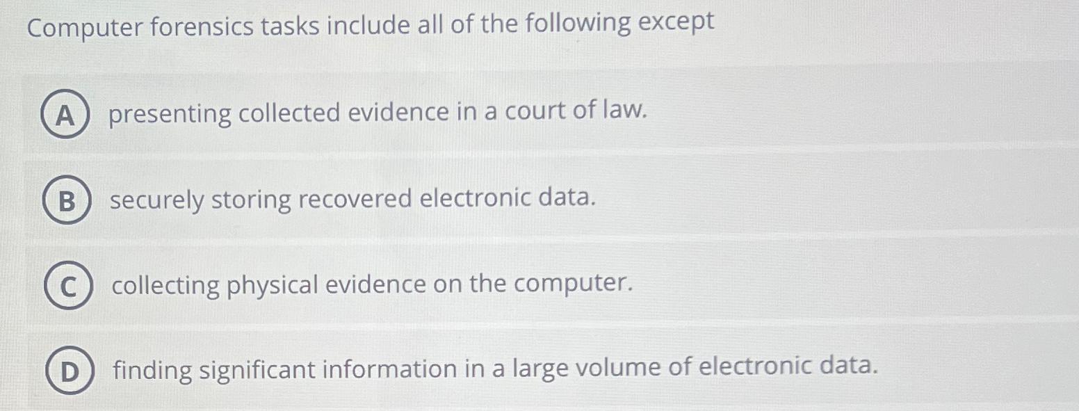  Computer forensics tasks include all of the following except presenting collected