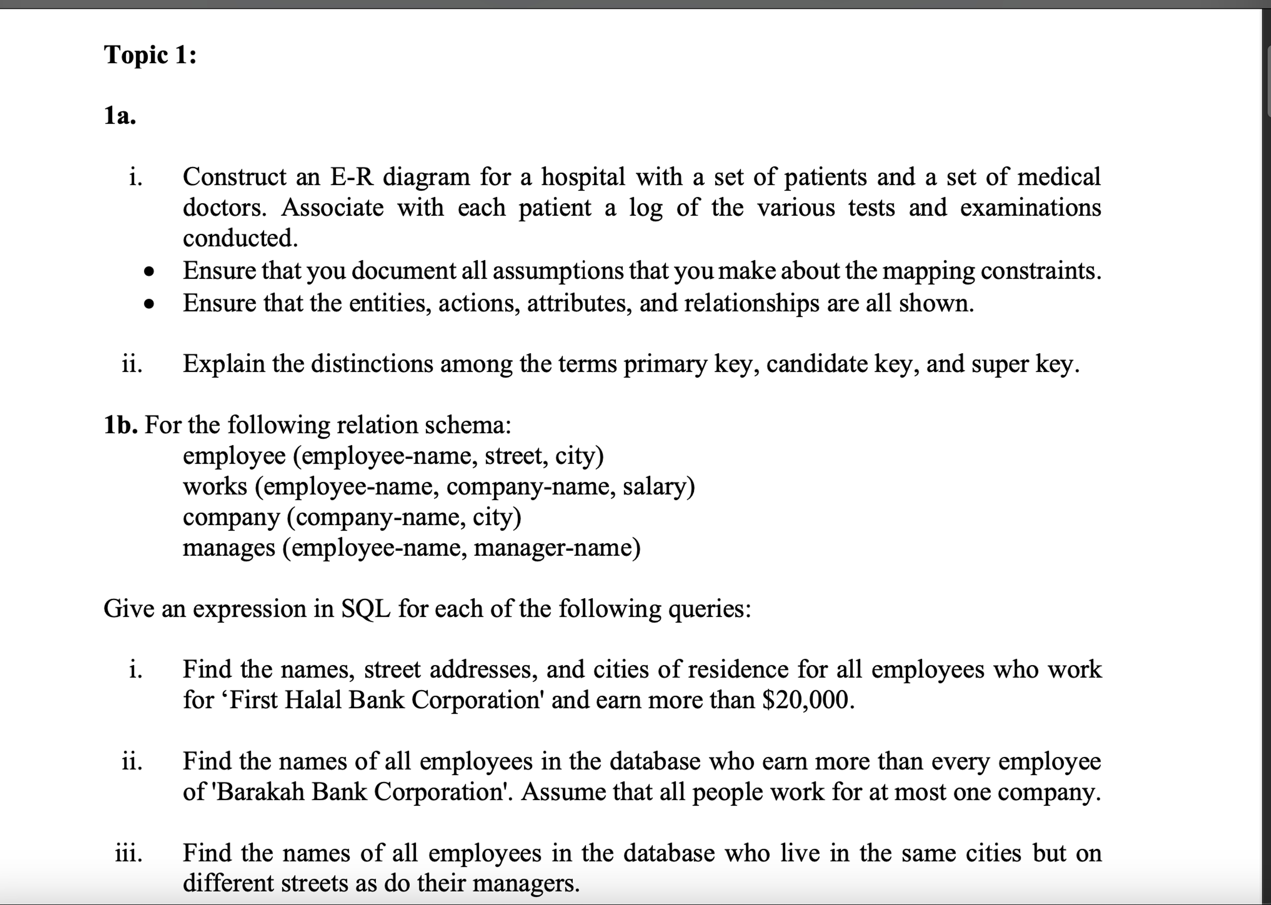  Topic 1: 1a. i. Construct an E-R diagram for a hospital