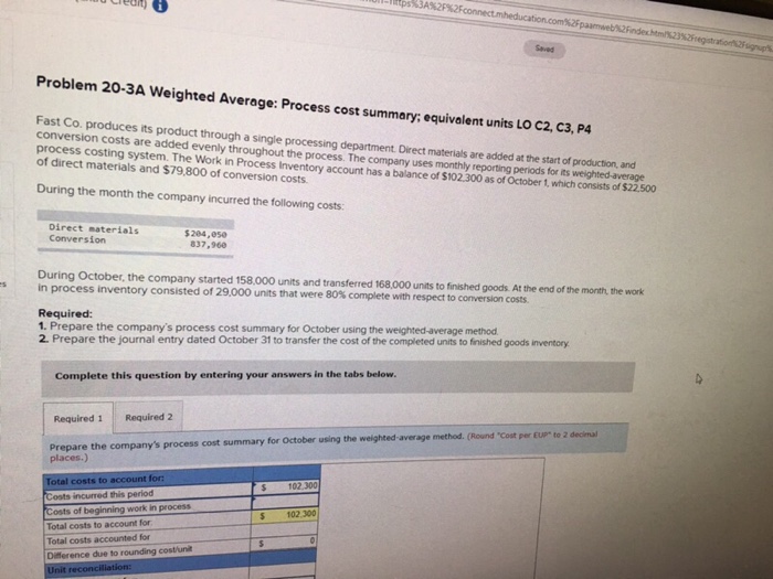  Problem 20-3A Weighted Average: Process cost summary; equivalent units LO C2,