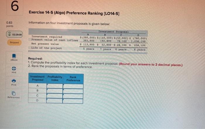  6 Exercise 14-5 (Algo) Preference Ranking (L014-5) 0.83 points Information on