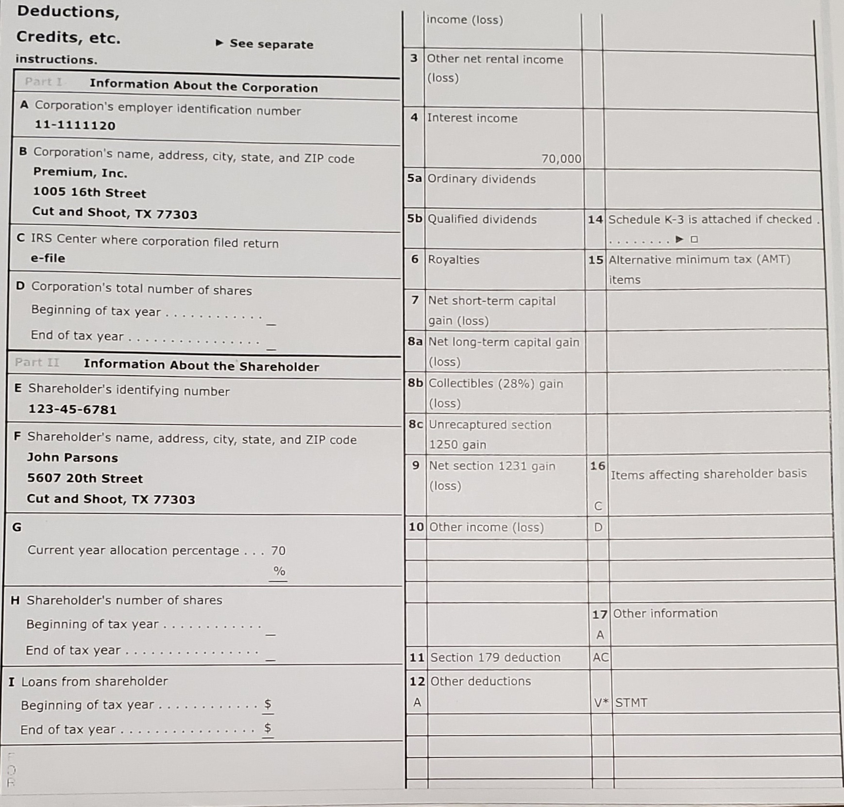  John Parsons (123-45-6781) and George Smith (123-45-6782) are 70% and 30%