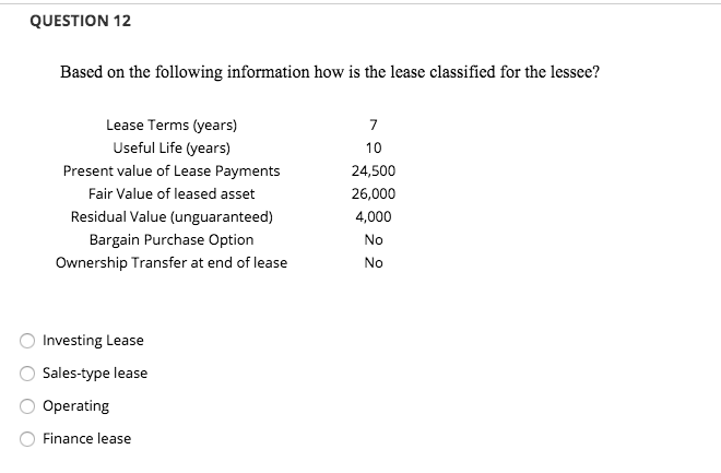 QUESTION 12 Based on the following information how is the lease