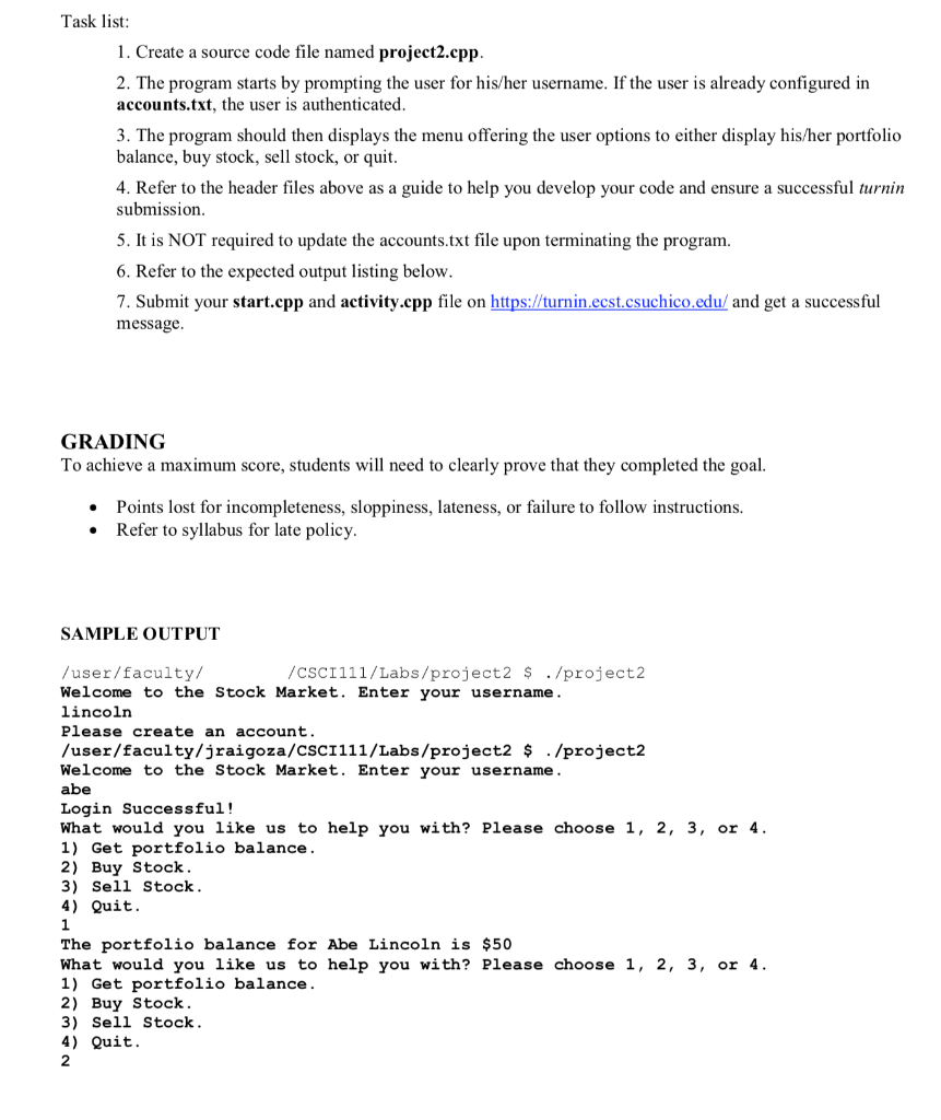 activity.cpp) Project 2 Stock Market Program CSCI 111 Programming and Algorithms I