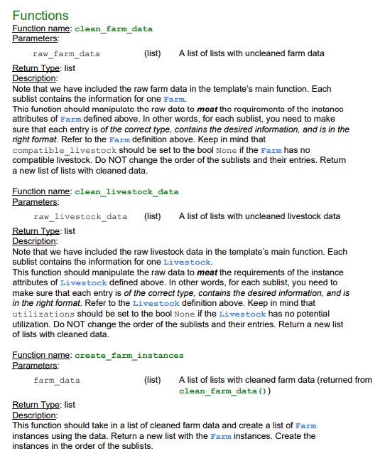 for the following functions relating to these classes: 1 Note: for create_farm_instances