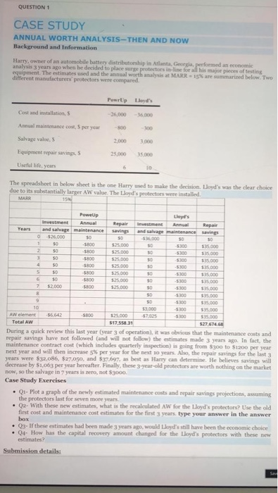  QUESTION 1 CASE STUDY ANNUAL WORTH ANALYSIS-THEN AND NOW Background and