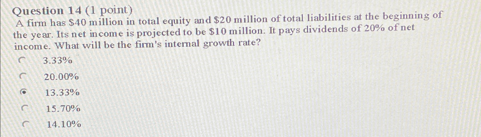  Question 14(1 point) A firm has $40 million in total equity