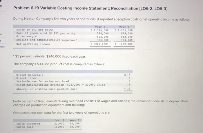  Problem 6-19 Variable Costing Income Statement; Reconciliation [LO6-2, LO6-3 During Heaton