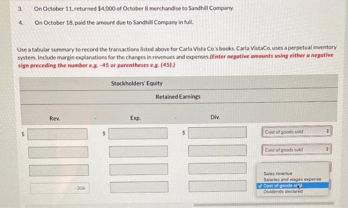 On October 11, returned $4,000 of October 8 merchandise to Sandhill Company