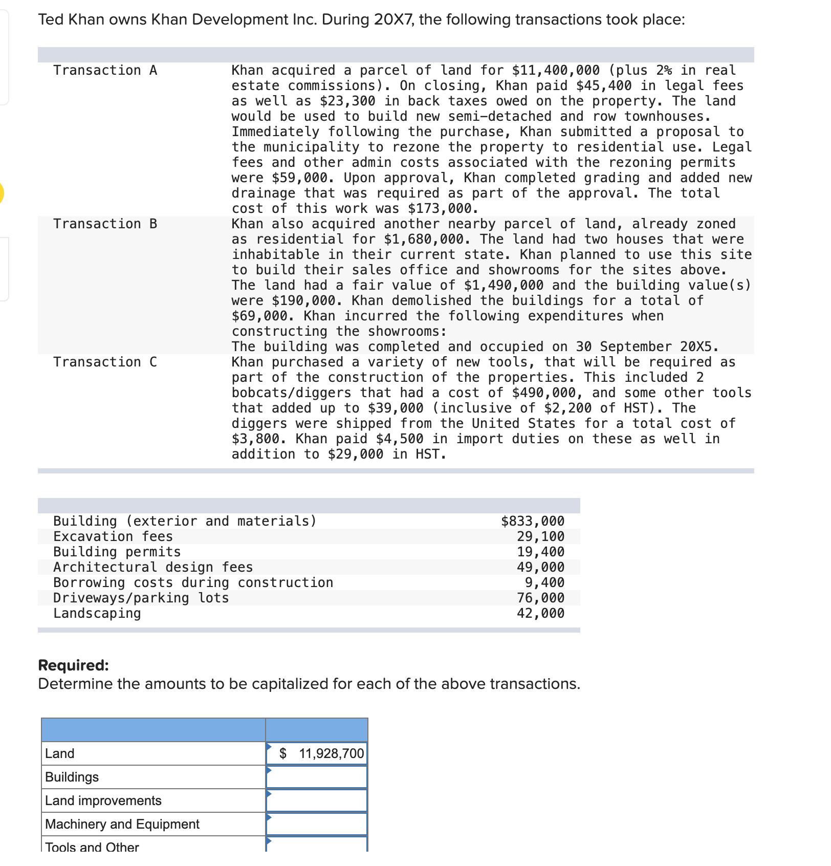  Ted Khan owns Khan Development Inc. During 20X7, the following transactions