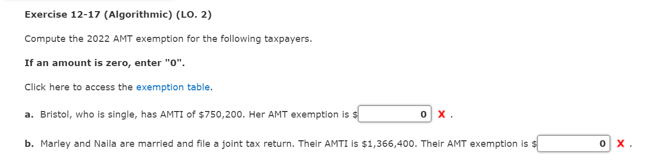 Exercise 12-17 (Algorithmic) (LO. 2) Compute the 2022 AMT exemption for