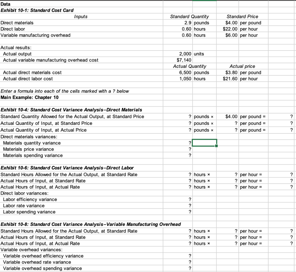  Data Exhibit 10-1: Standard Cost Card Inputs Standard Quantity Direct materials
