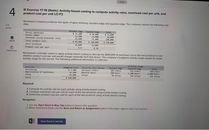 IE Exercise 17-19 (Static): Activity-based costing to compute activity rates, overhead