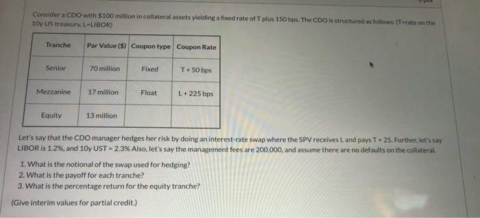  Consider a CDO with $100 million in collateral assets yielding a