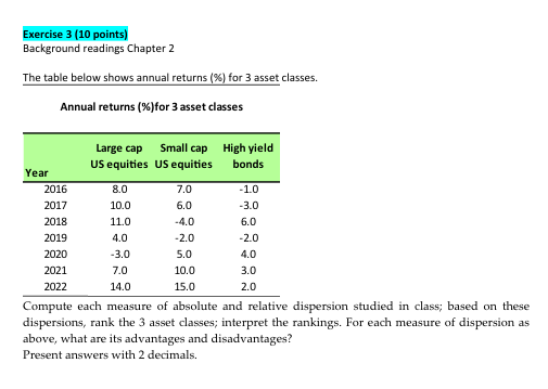 Exercise 3 (10 points) Background readings Chapter 2 The table below