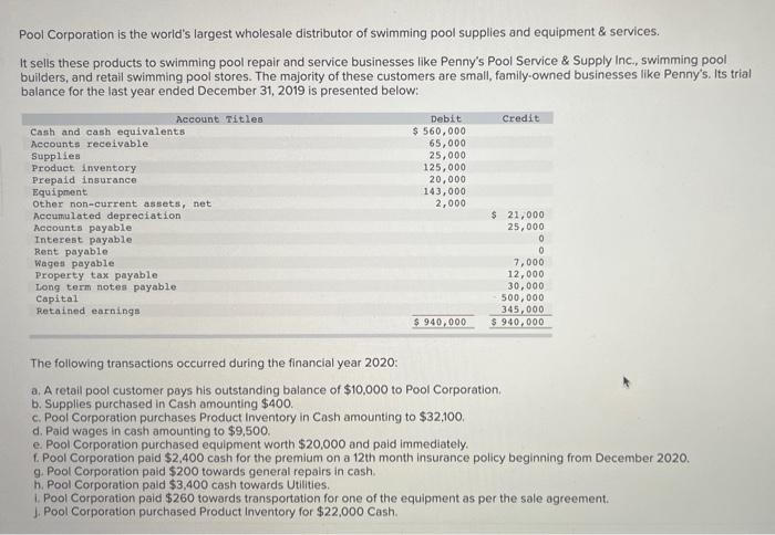 create a journal entry Pool Corporation is the world's largest wholesale distributor