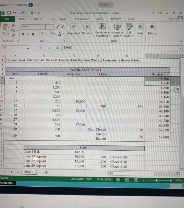  its one question mulation Problem Saved Preparing a bank reconciliation.-Excel HOME