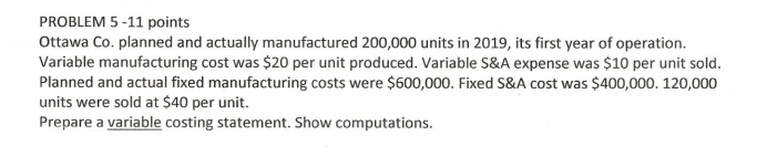 PROBLEM 5-11 points Ottawa Co. planned and actually manufactured 200,000 units