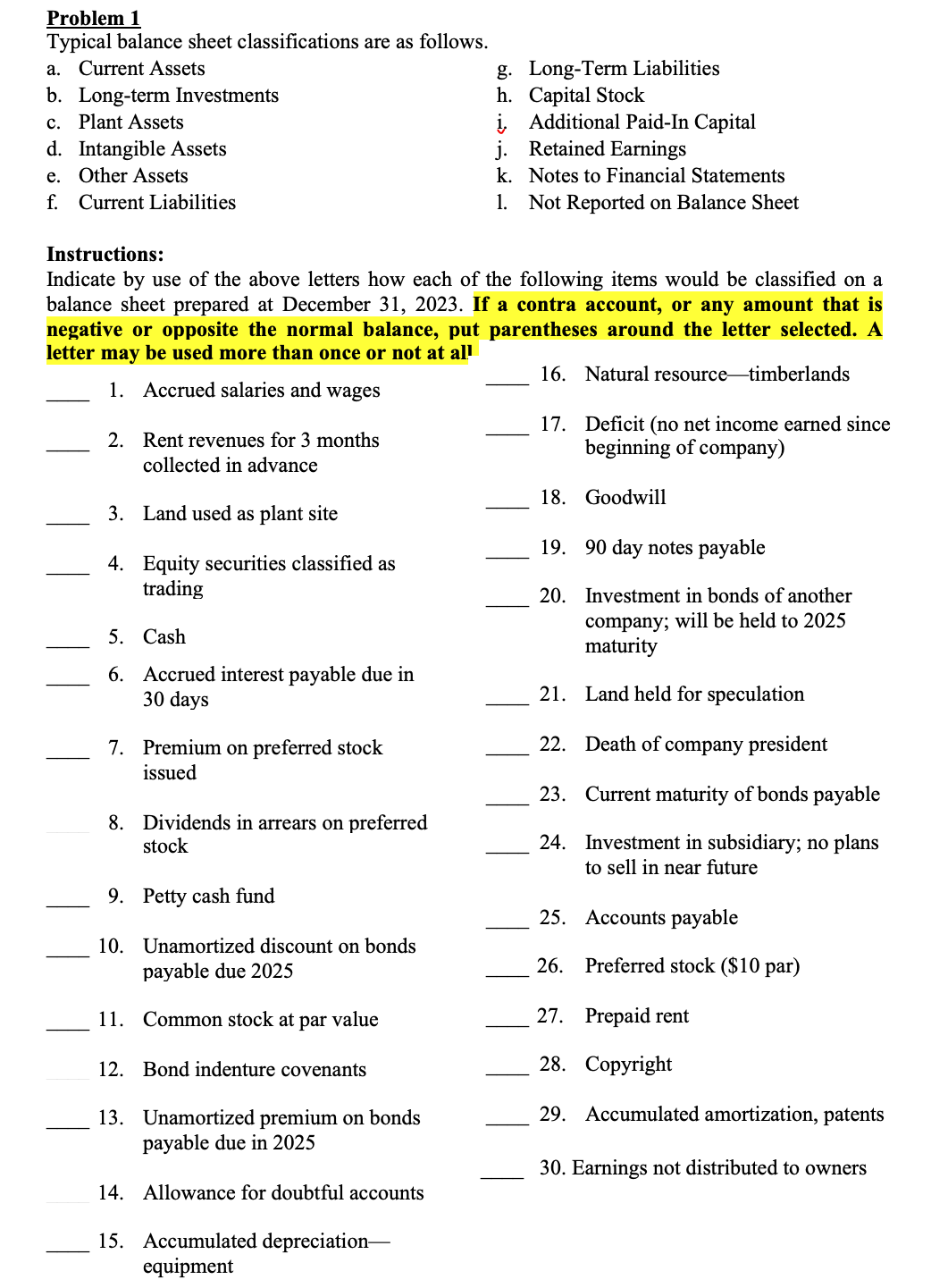  Problem 1 Typical balance sheet classifications are as follows. a. Current