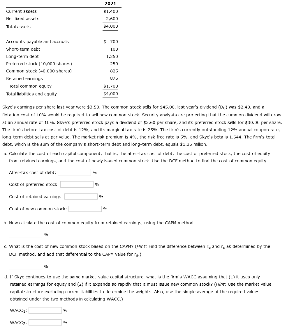Here is the condensed 2021 balance sheet for Skye Computer Company (in