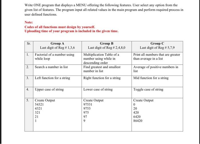 Do the group C. Regustration # is 057. Program in python language.