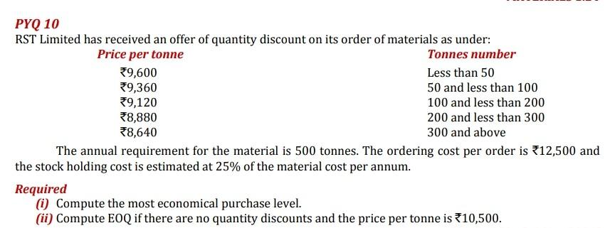  please solve this question PYQ 10 RST Limited has received an