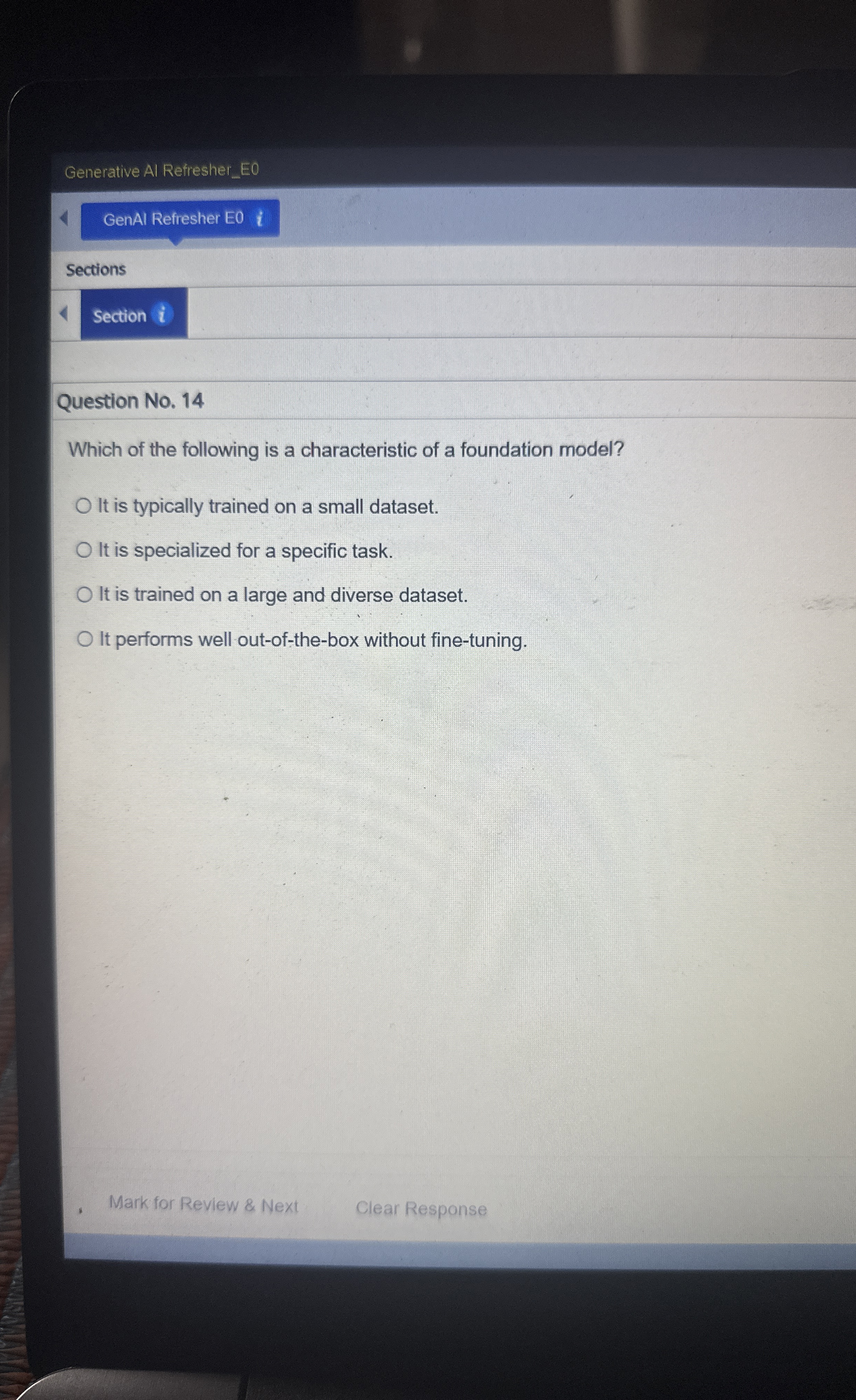  Generative Al Refresher_E0 GenAl Refresher E0i Sections Question No.14 Which of
