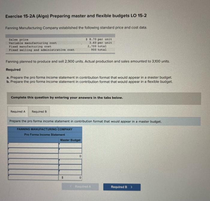  Exercise 15-2A (Algo) Preparing master and flexible budgets LO 152 Fanning