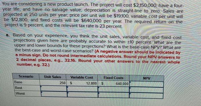  You are considering a new product launch. The project will cost