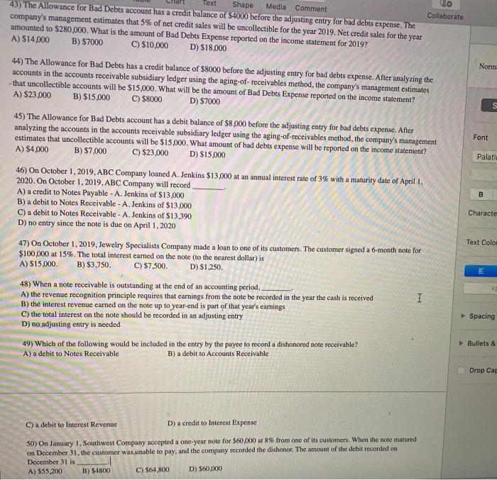  Text Shape Media Comment Collaborate 43) The Allowance for Bad Debts