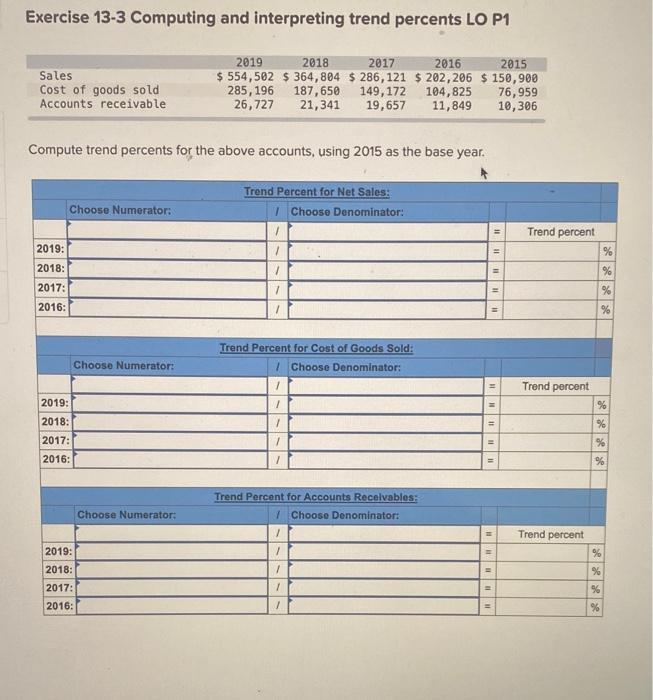  Exercise 13-3 Computing and interpreting trend percents LO P1 Sales Cost