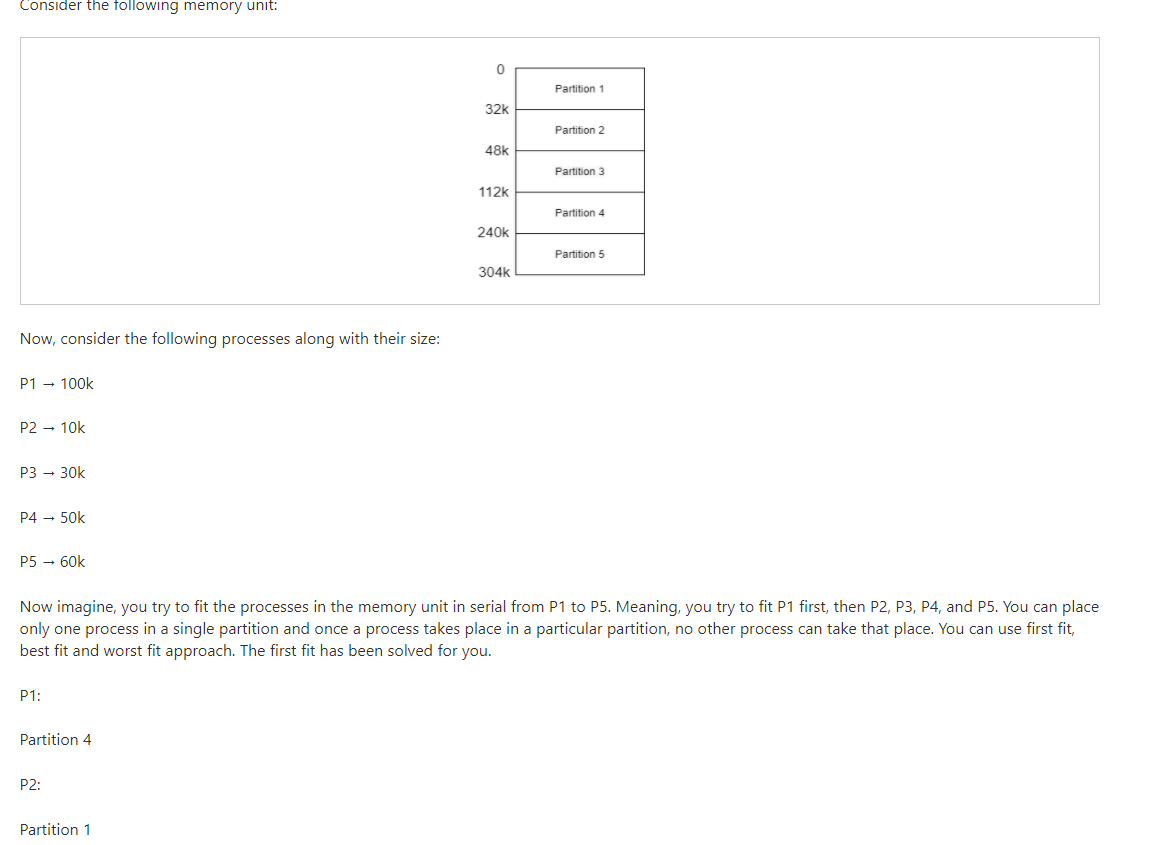 OPERATING SYSTEM [SHOW ME THE process with explanation ] Memory Allocation Problem:
