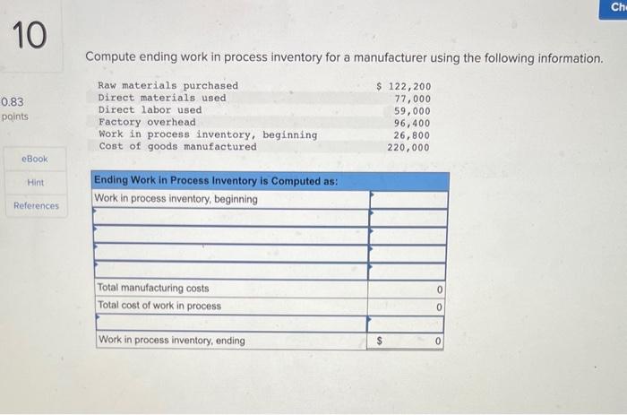  Compute ending work in process inventory for a manufacturer using the