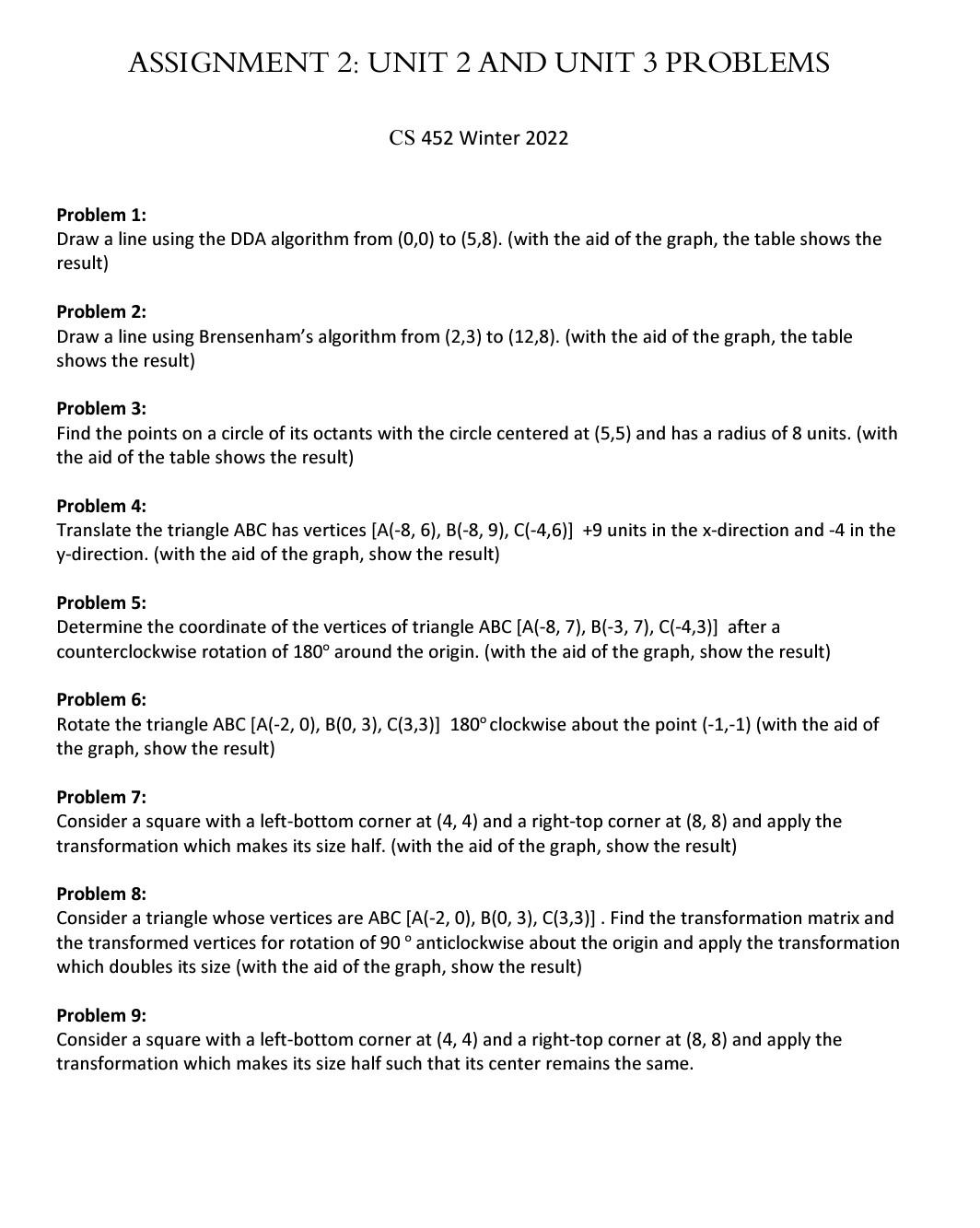  ASSIGNMENT 2: UNIT 2 AND UNIT 3 PROBLEMS CS 452 Winter