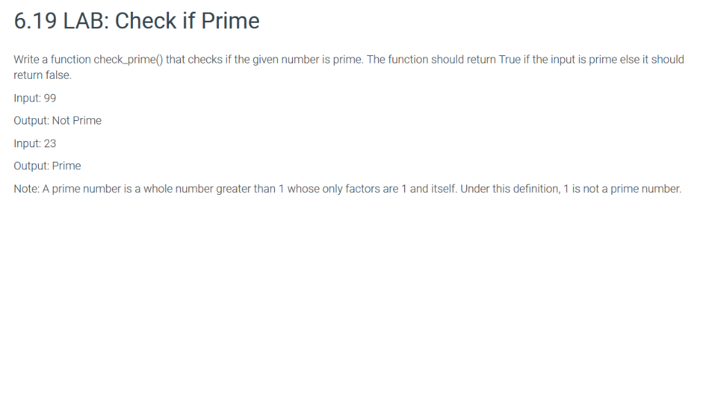 PYTHON 6.19 LAB: Check if Prime Write a function check prime0 that