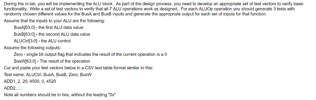 During the in-lab, you will be implementing the ALU block. As