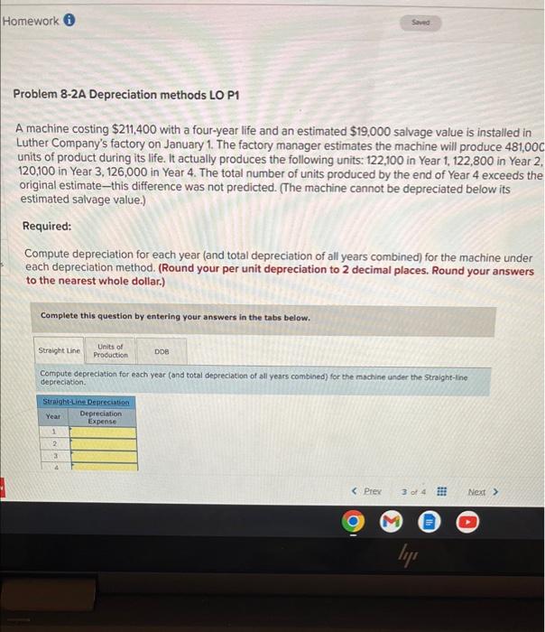  Homework Saved Problem 8-2A Depreciation methods LO P1 A machine costing