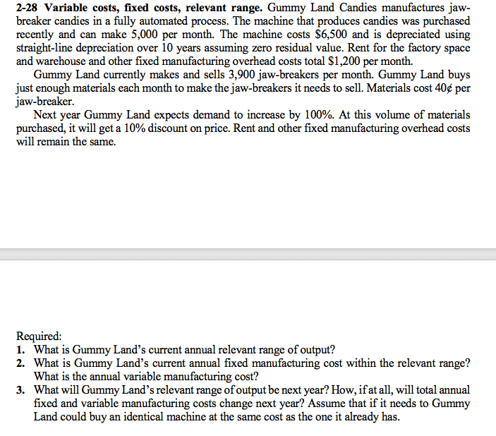  2-28 Variable costs, fixed costs, relevant range. Gummy Land Candies manufactures