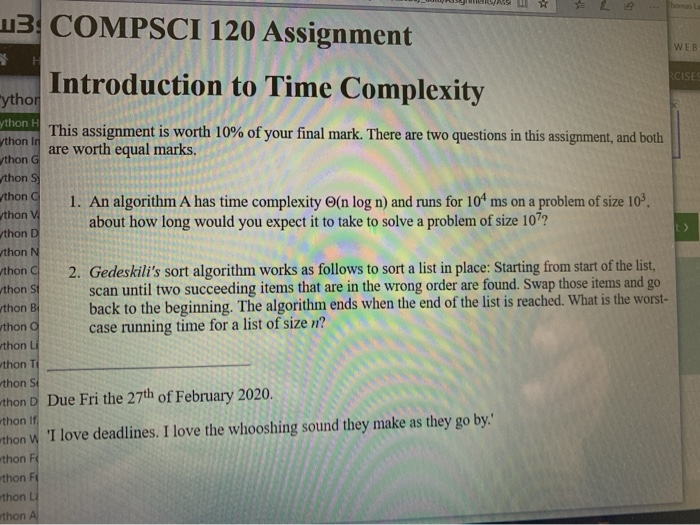  13 COMPSCI 120 Assignment Introduction to Time Complexity WEB RCISES "ythor
