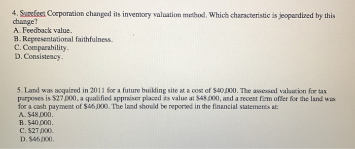  Sure feet Corporation changed its inventory valuation method. Which characteristic is