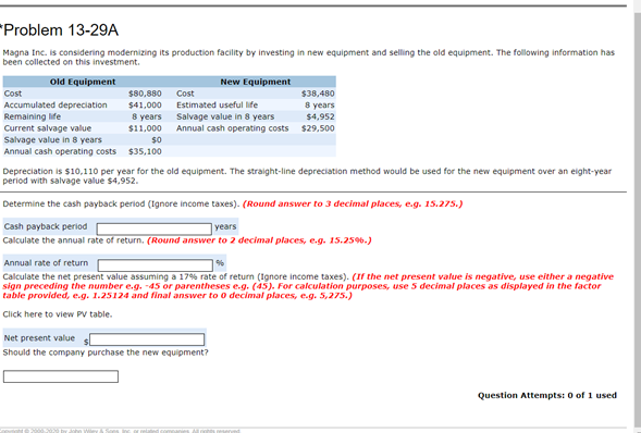 Problem 13-29A Magna Inc. is considering modernizing its production facility by