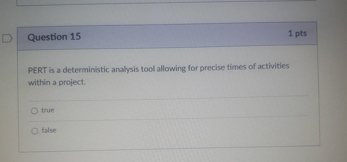  Question 151 pts PERT is a deterministic analysis tool allowing for