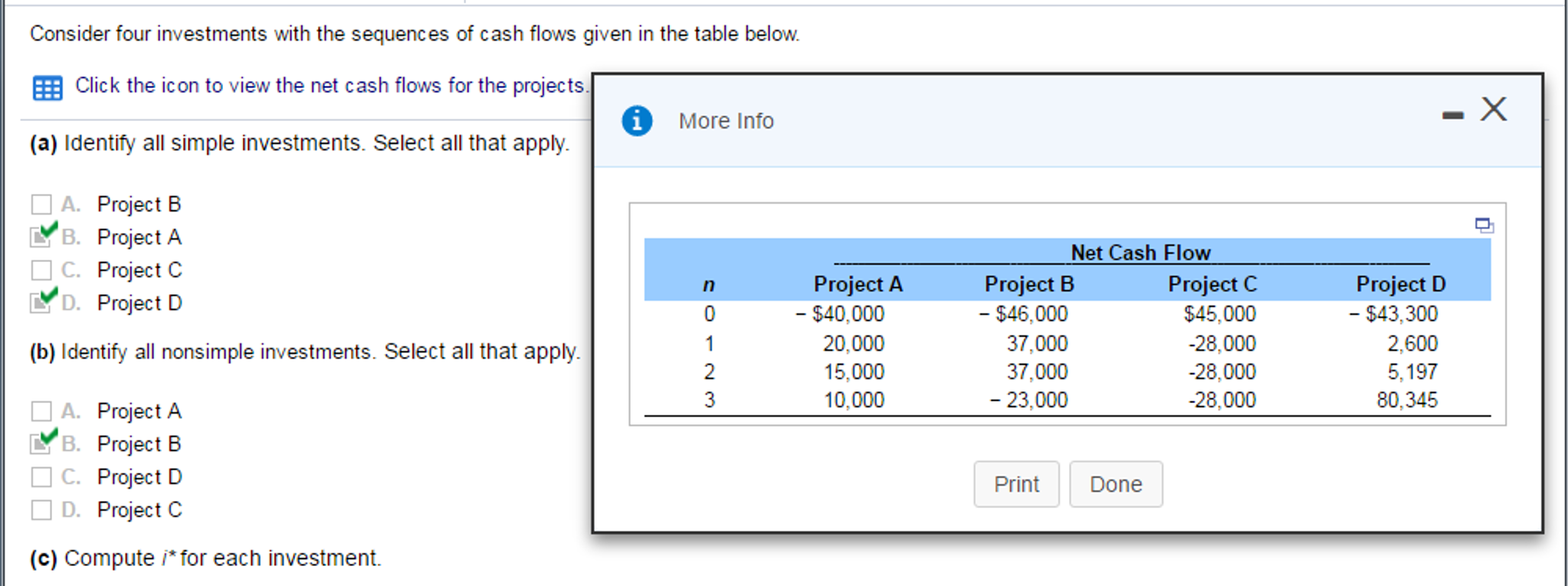 Only Question C for ProjectA B C D Consider four investments