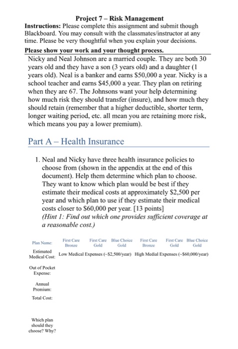  Please help and show all work Project 7-Risk Management Instructions: Please