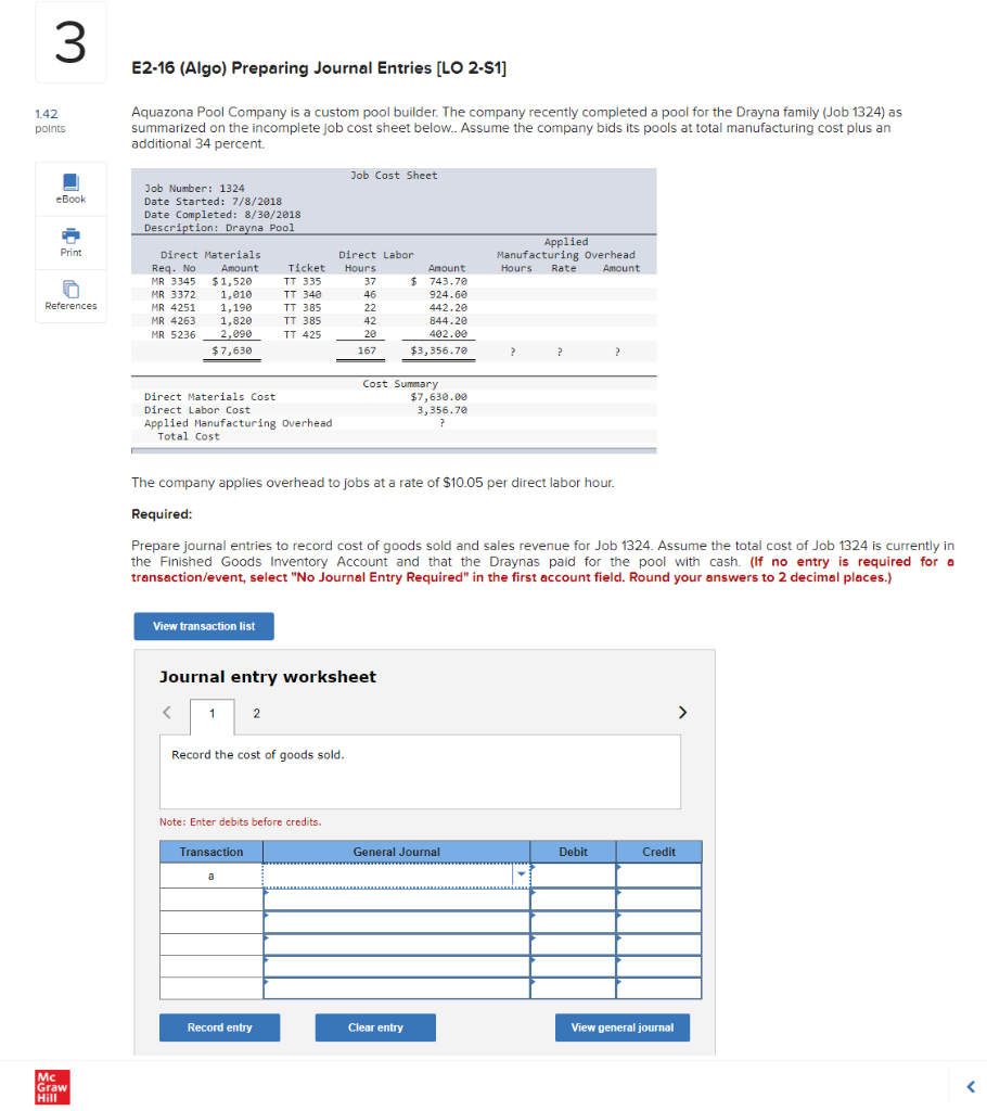  3 E2-16 (Algo) Preparing Journal Entries [LO 2-S1] 1.42 points Aquazona