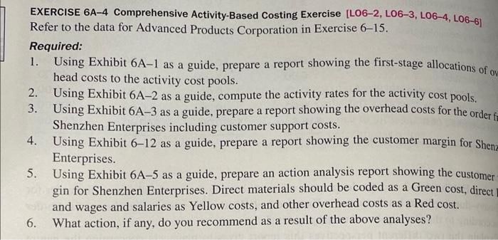Only need numbers 5 and 6. EXERCISE 6A-4 Comprehensive Activity-Based Costing Exercise