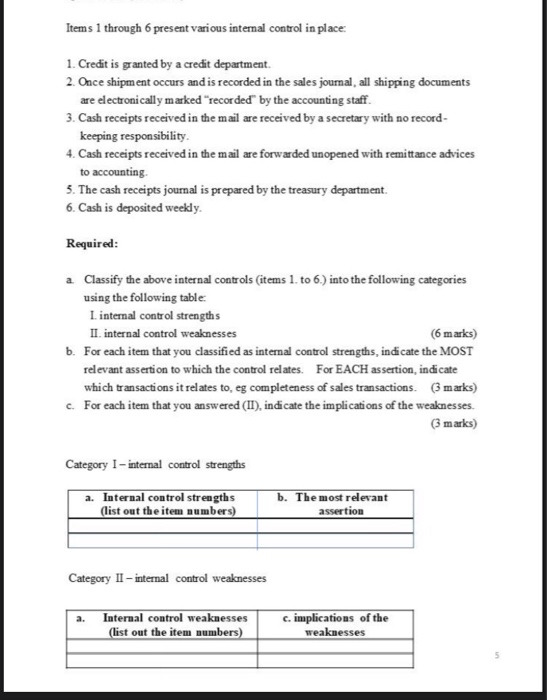  Items 1 through 6 present various internal control in place: 1.