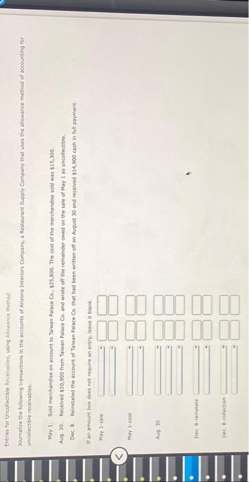  ^ Entries for Uncollectible Receivables, using Allowance Method Journalize the following