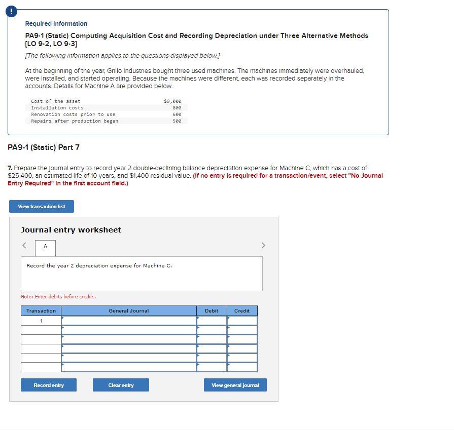 Requlred Information PA9-1 (Static) Computing Acquisition Cost and Recording Depreciation under